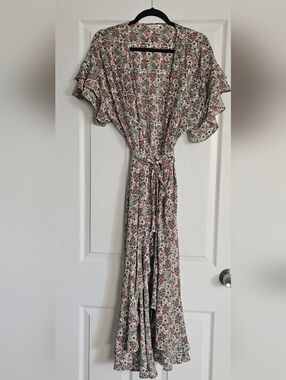 Max Studio Floral Wrap Maxi Dress in Cream, Coral and Green